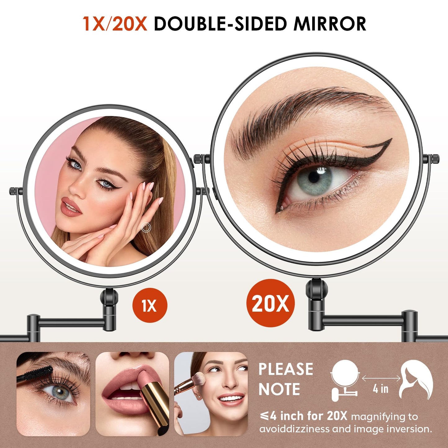 ZLOKLA 9" Wall Mounted Lighted Makeup Mirror,4000mAh Rechargeable Double Sided 1X/20X Magnifying Mirror with Light,Touch Dimmable,Extended Arm 360 Rotation Wall Mounted Makeup Mirror 3 Color Lights-B