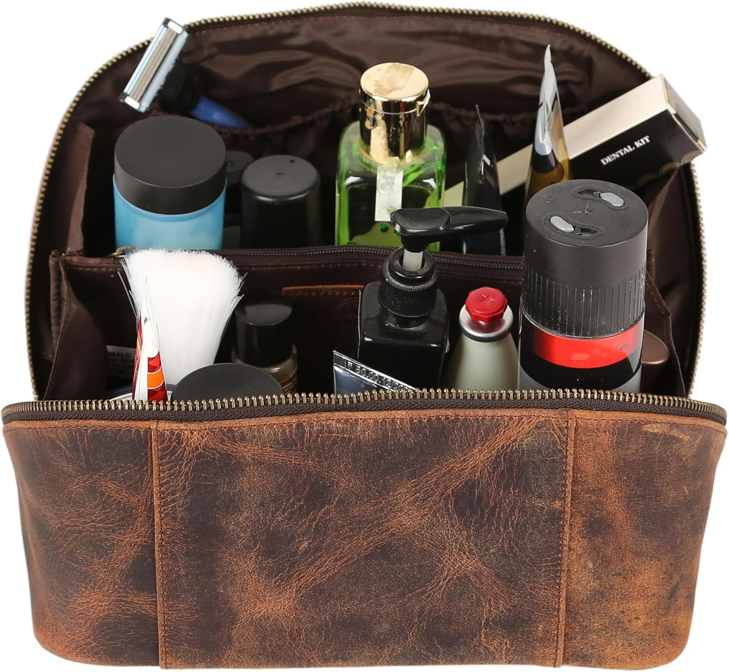 Luxury Leather Men's Toiletry Travel Bag - Handmade Waterproof Shaving Kit | Spacious Storage & Carry Handle (Dark Brown)