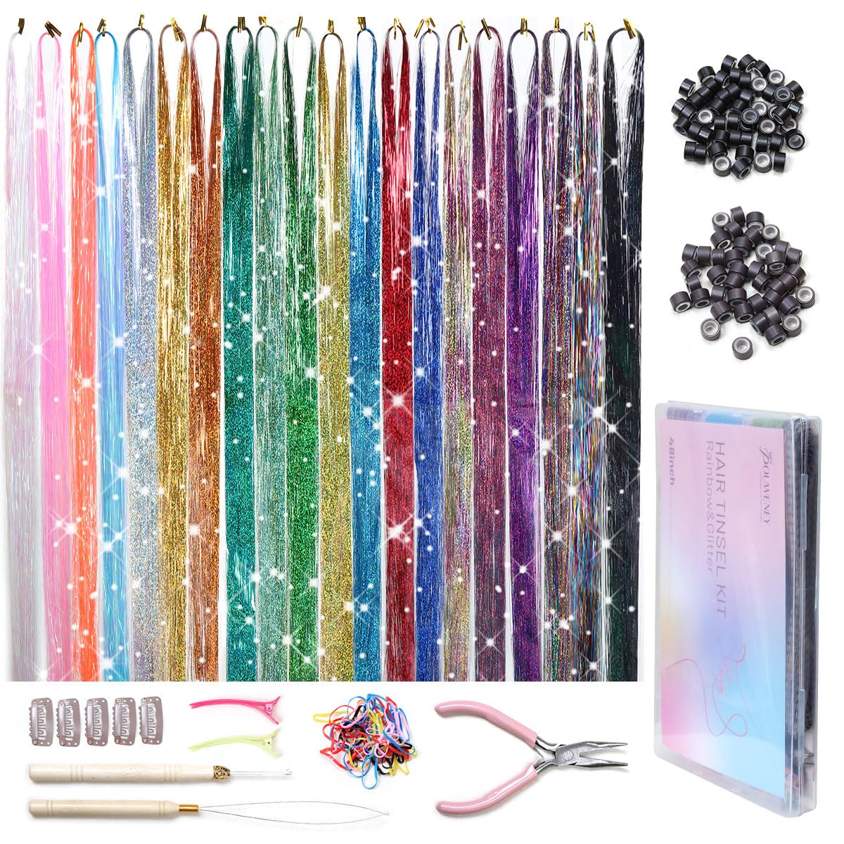Hair Tinsel Kit - 20 Colors Fairy Tinsel Hair Extensions | Heat Resistant Glitter Accessories for Teens (48 Inch)
