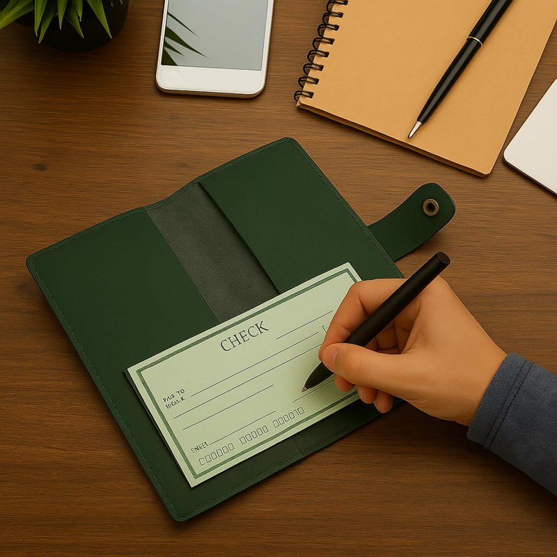 CestAntiQ, Distressed Leather Checkbook Cover with Pen Holder Full Grain Green Leather Check Book Cover for Personal or Duplicate Checks Executive Checkbook Wallet for Men Women Slim Gift Organizer