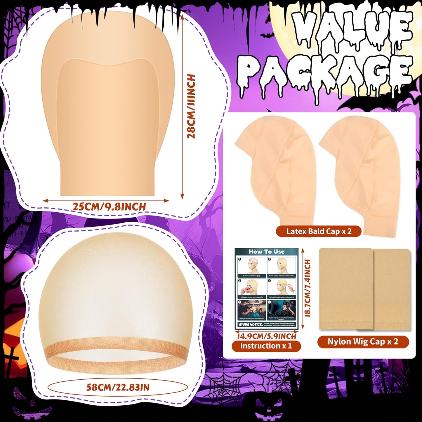 Bald Caps for Halloween - 4 Piece Latex Set with Wig Cap for Kids & Adults | Costume Accessories