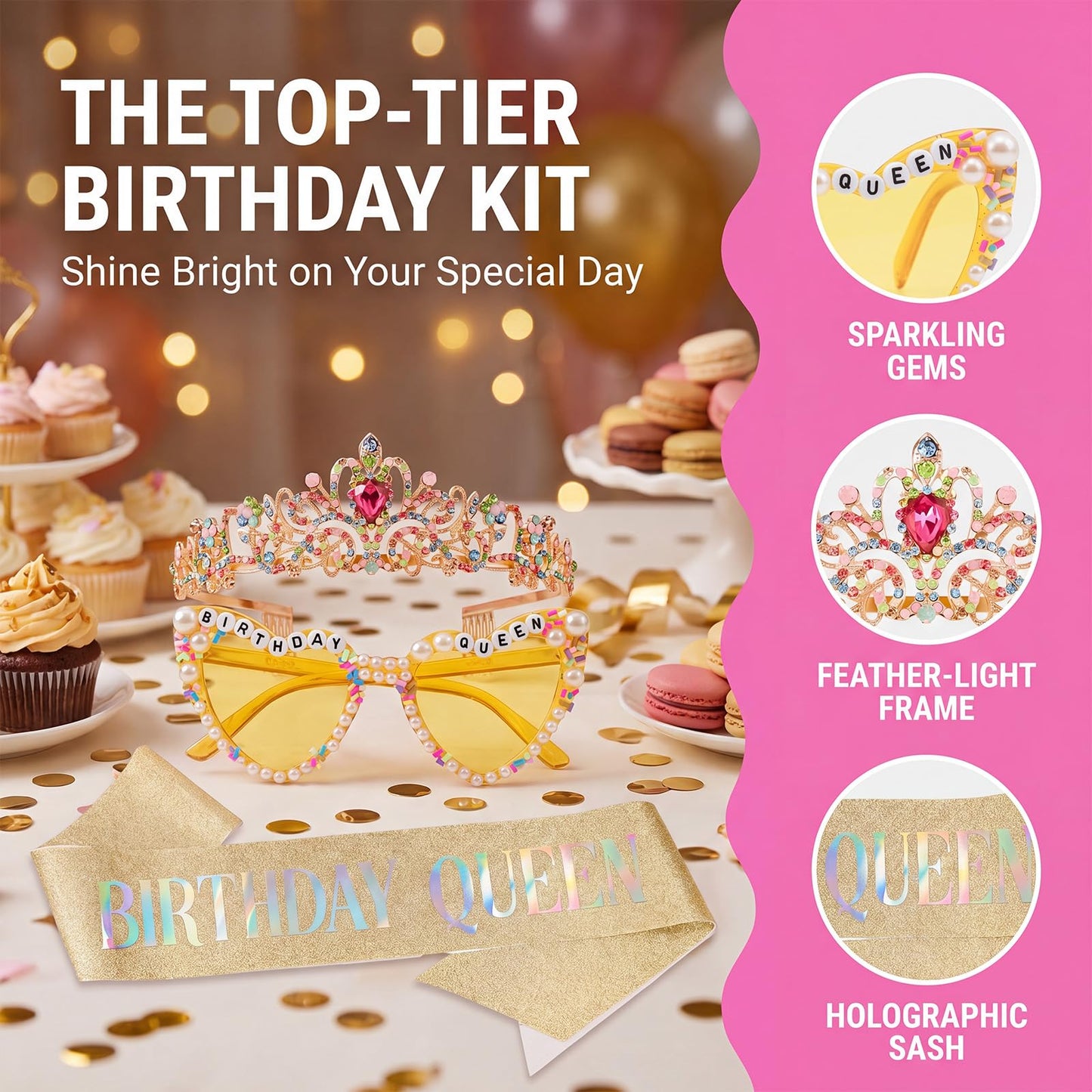 PcwBcn Rainbow Birthday Queen Glasses, Birthday Queen Sash Tiara Crown for Women Girls, 3 Pcs HappyBirth Party Decorations Princess Headband 30th-90th Birth Gifts Hair Accessories