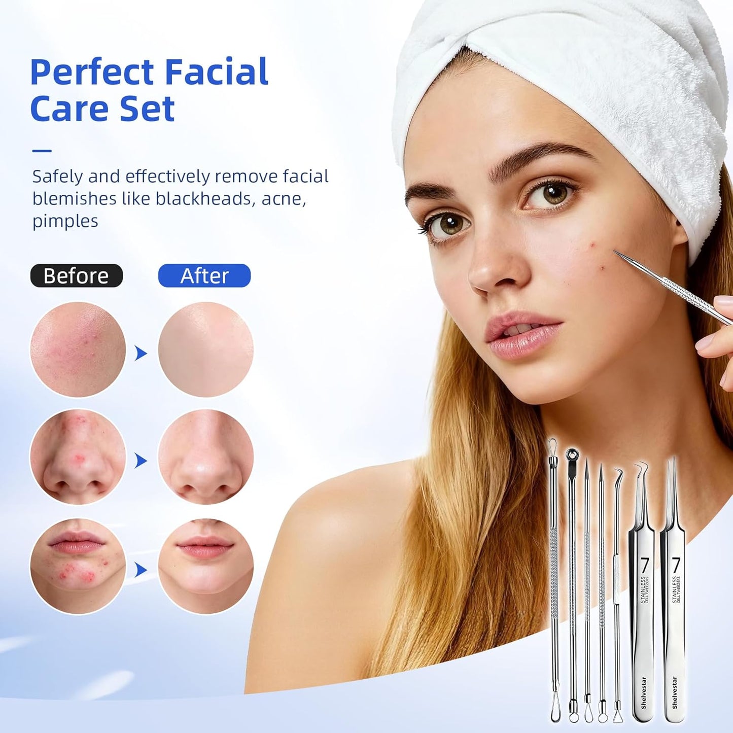 Pimple Popper Tool Kit - 7 PCS Professional Stainless Steel Blackhead Remover | Comedone Extractor Tools for Face - Silver