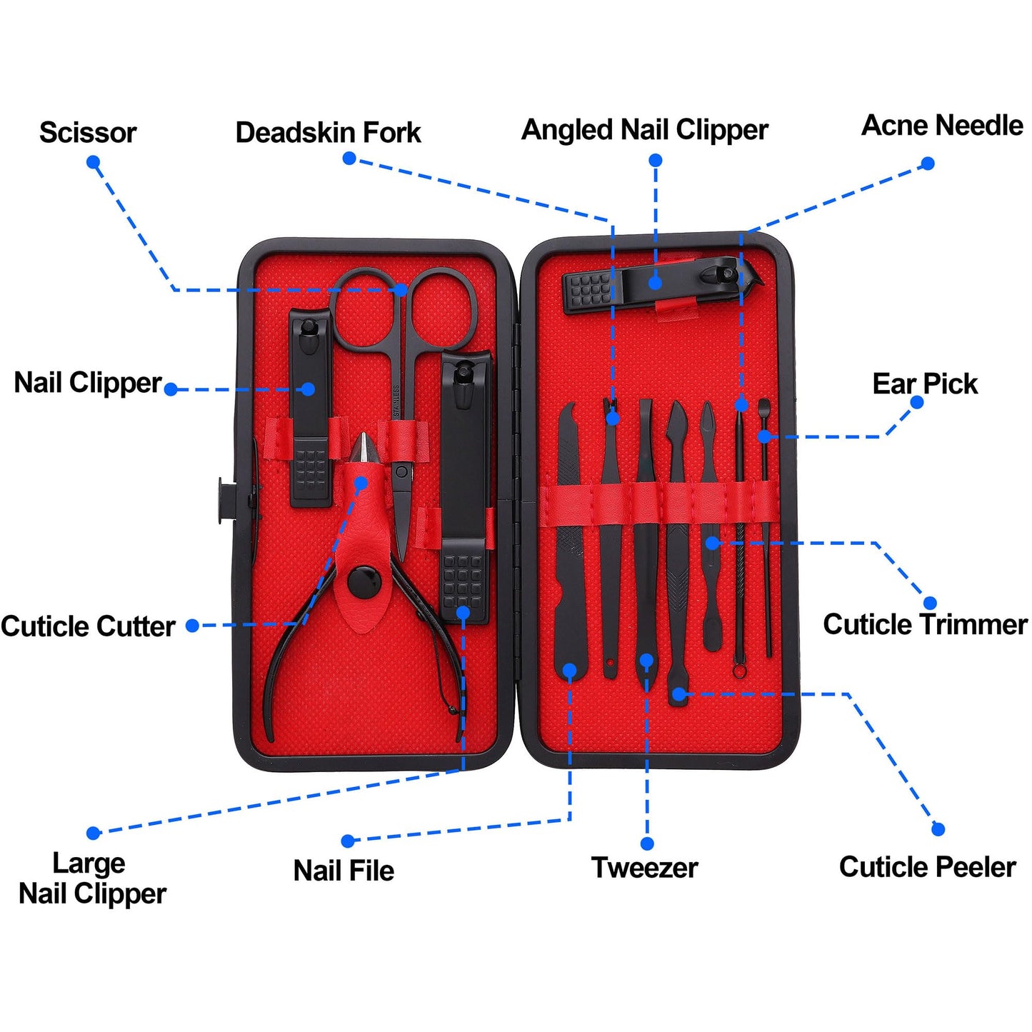 Manicure Set Pedicure Kit Stainless Steel 11 Pcs Set Toe Finger Nail Clipper Personal Care Grooming For Men Women with Luxurious Travel Case - Black