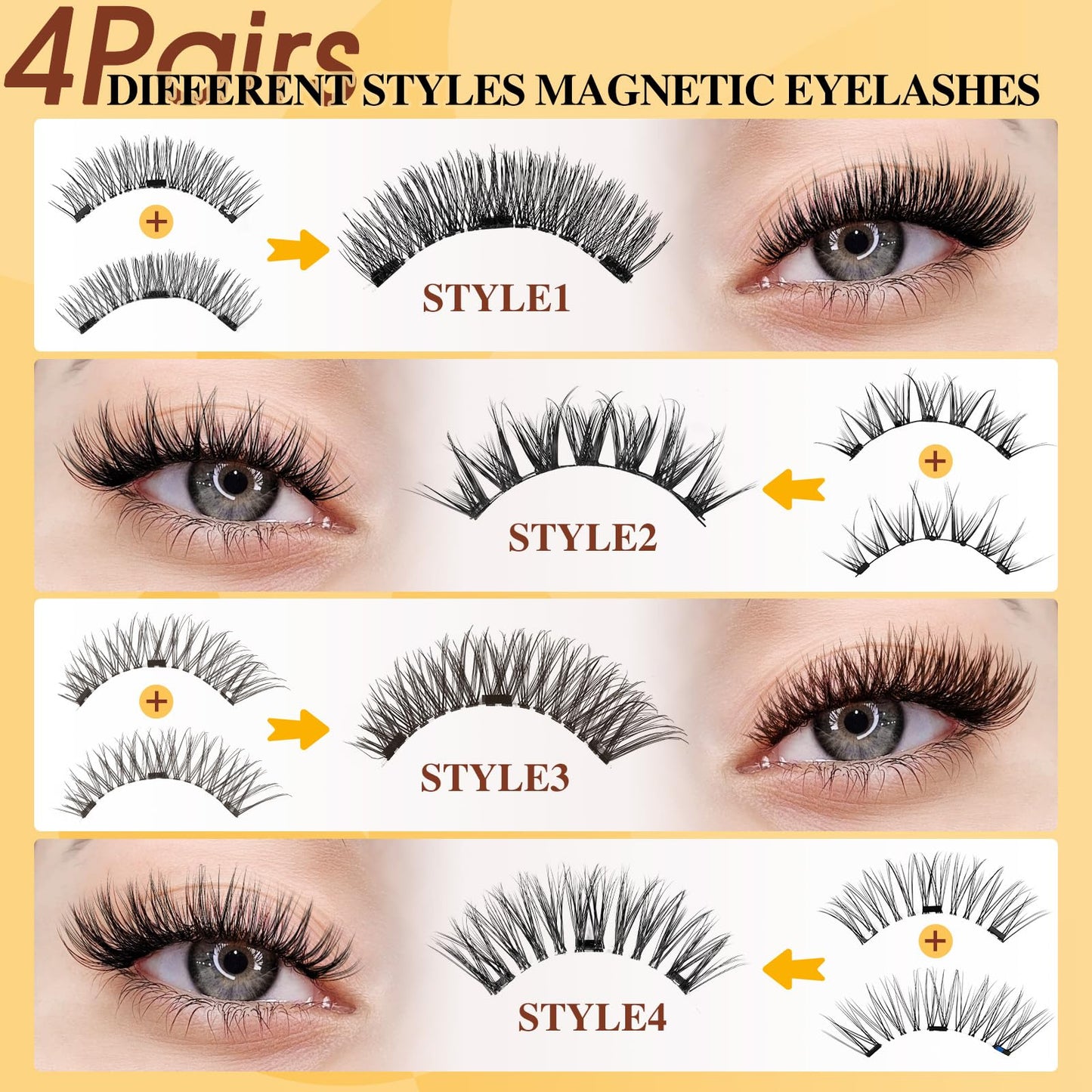 QUEWEL Magnetic Eyelashes 4 Pair Reusable Magnetic Eyelashes with Applicator No Glue Needed Eyelashes Natural Look Lash Clusters Kit Easy to Wear and Remove(4 Pairs-A14)