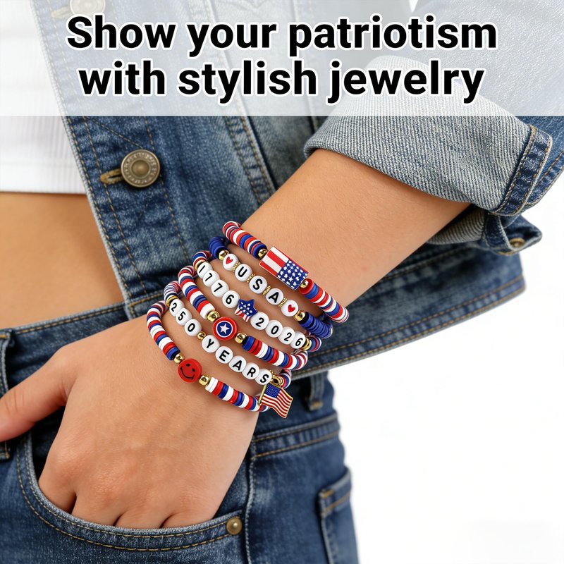 4th of July Outfits for Women - 6 Pack Patriotic 𝐁𝐫𝐚𝐜𝐞𝐥𝐞𝐭𝐬 for 250th Anniversary USA Shirt | 250th Anniversary 1776-2026 USA Merchandise | Fourth of July Accessories Decorations Party Favors