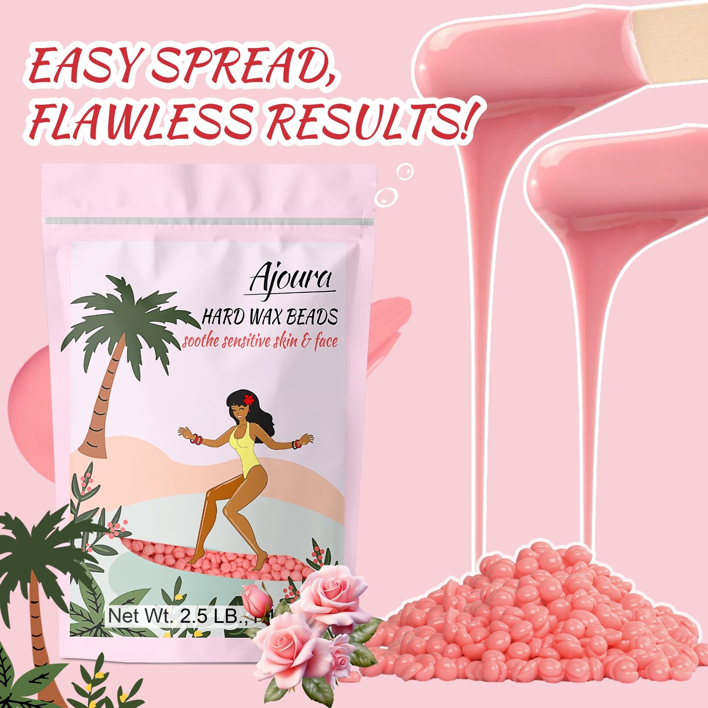Ajoura 2.5LB Wax Beads for Hair Removal, Rose Hard Wax for Coarse Hair, Perfect for Brazilian, Bikini, Eyebrow, Legs, Facial, and Full Body Waxing, At-Home Wax Refill for Women and Men