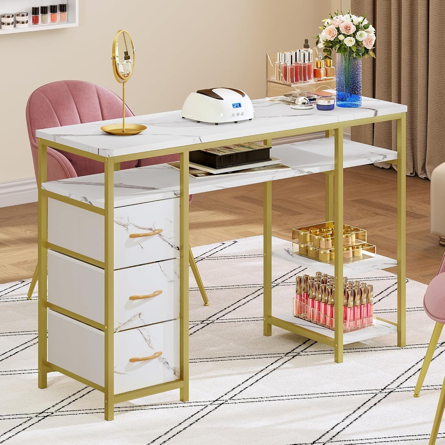 Nail Desk - Marbling Texture Manicure Table with 3 Drawers | Beauty Salon Spa Furniture (White)