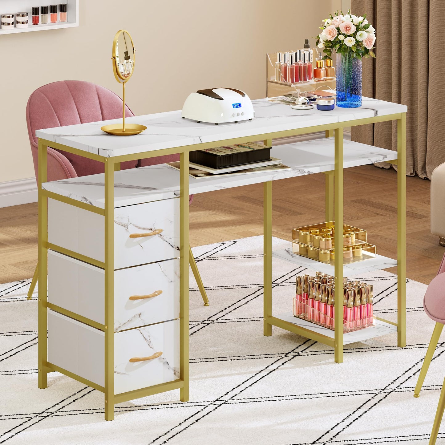 DWVO Nail Desk, Manicure Table, Marbling Texture Manicure Station with 3 Drawers, Nail Tech Desk for Beauty Salon Spa (White)