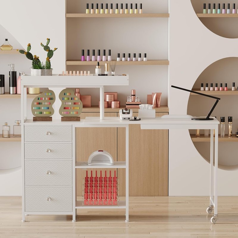 L-Shaped Manicure Table - Rotating Nail Workstation with Drawers & Charging Station | White