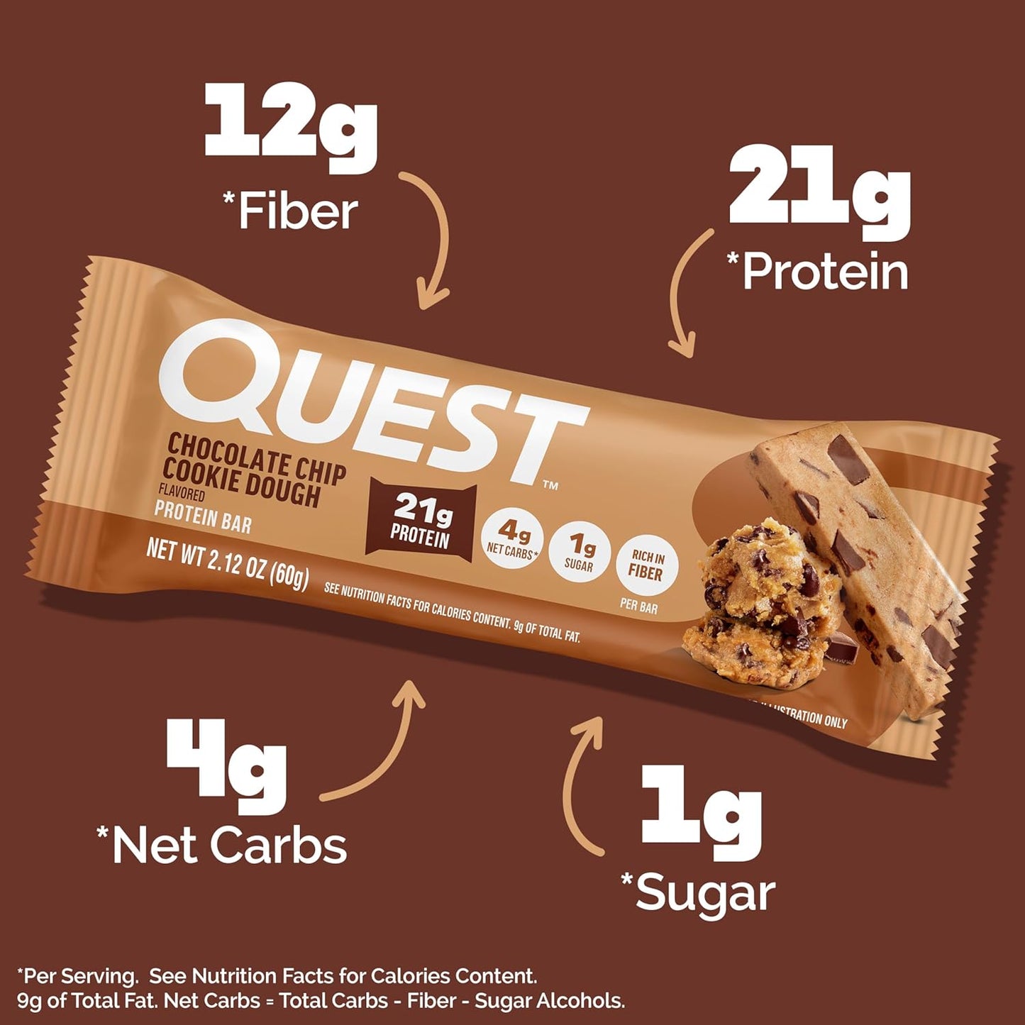Quest Nutrition Protein Bars - Chocolate Chip Cookie Dough, High Protein, Low Carb, Keto Friendly | 12 Count