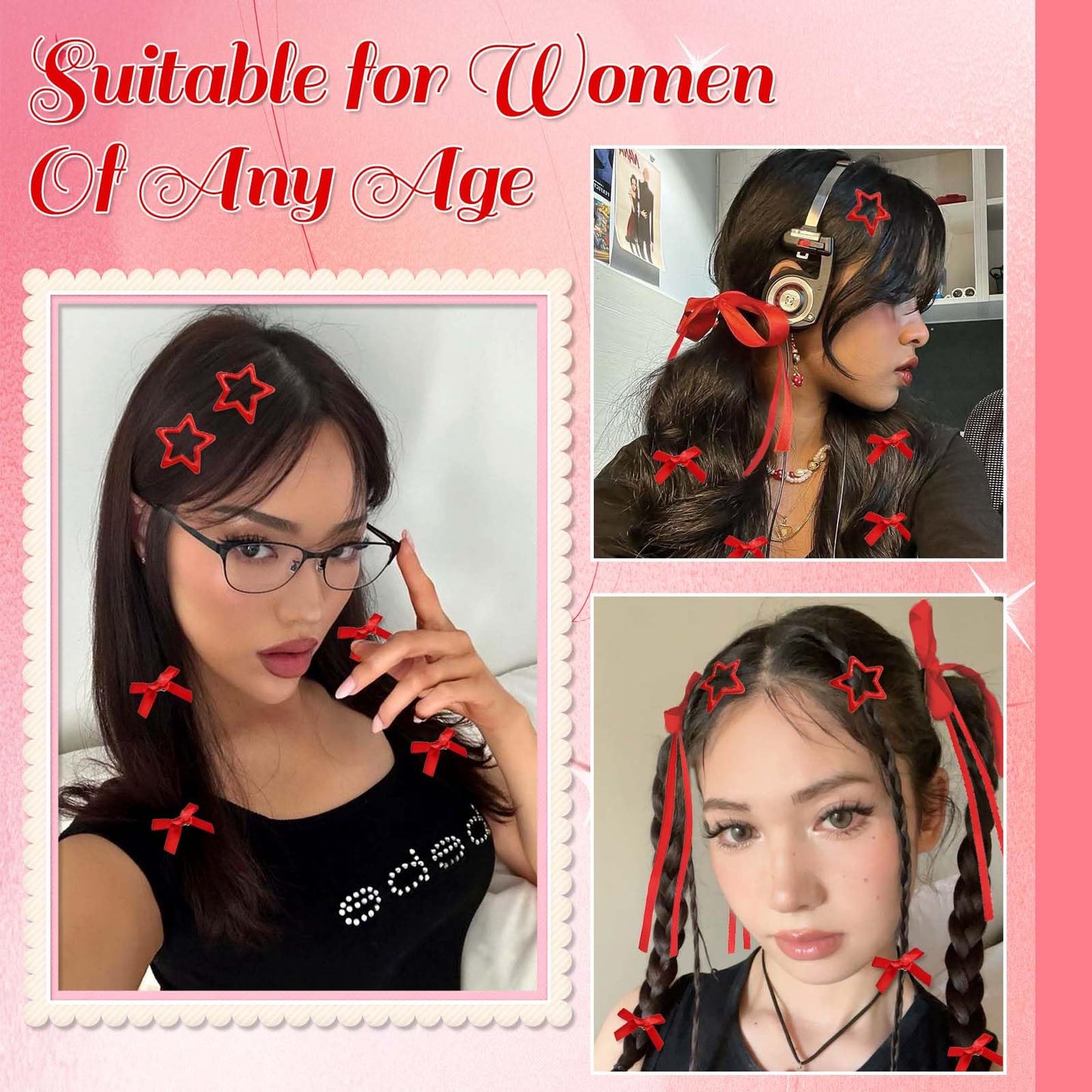 STGDAK Valentine's Day Red Hair Bows Cute Star Barrettes Small Bow Clips Satin Hair Ribbon Long Tail Stylish Star Clip Y2k Bowknot Barrette Kawaii Hairpins Coquette Accessoires For Girls Women