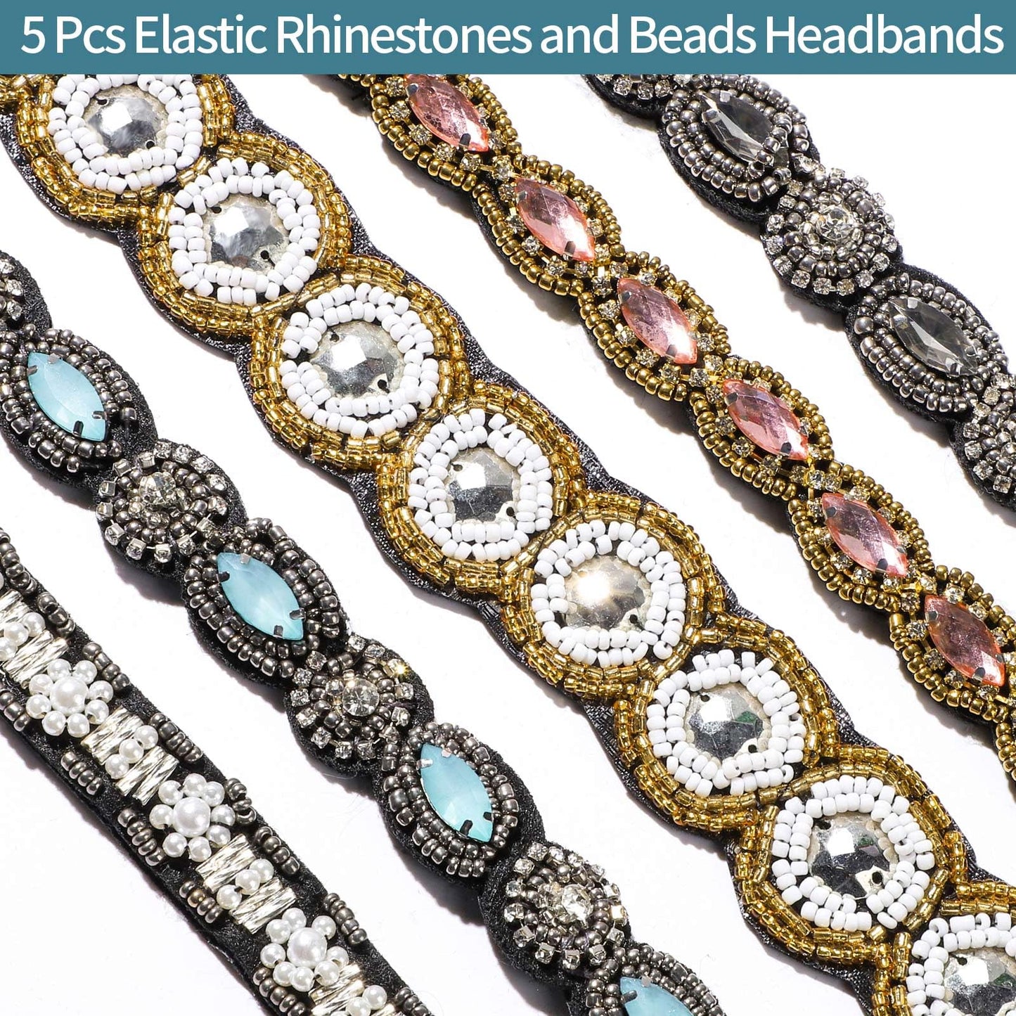 Teenitor 5pcs Hairbands for Women, 5 Rhinestone Beaded Headbands, Head Bands for Women's Hair Fashionable Handmade Crystal Beaded Elastic hairbands, 20-26.8"(51-68cm), 1 Count (Pack of 5), HAIRBAND