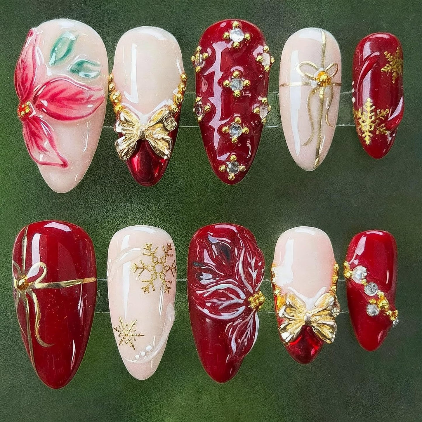 30Pcs Christmas Press-On Nails | Medium Almond Shape with 3D Bow & Gold Snowflake Designs