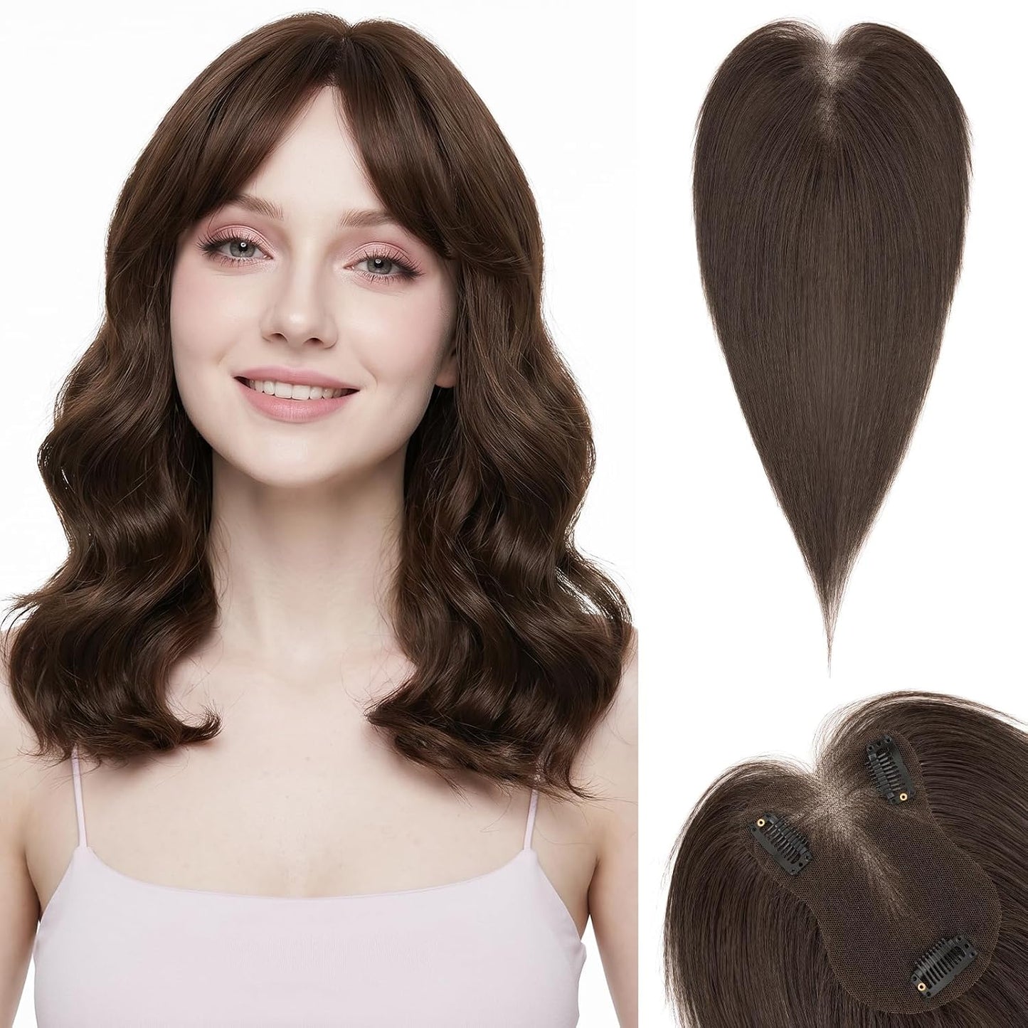 **Hair Toppers for Women - Real Human Hair with Curtain Bangs | 10-Inch Lace Base Clip-In Piece - #02 Dark Brown**