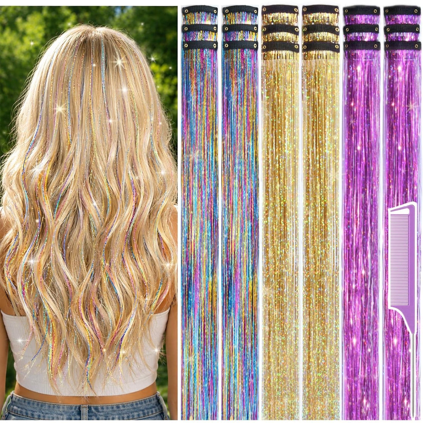 Hair Tinsel Clip-Ins - 22 Inch Glitter Hair Extensions Kit | 18 Pcs for Women & Girls - Gold, Silver, Pink
