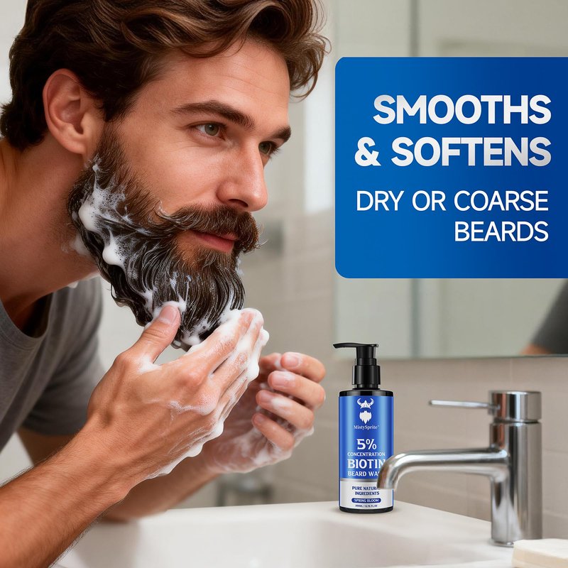 MistySprite 5% Biotin Beard Shampoo for Men, Thickening & Volumizing Formula - Soothes Itchy Skin, Hydrates & Softens Dry Coarse Facial Hair, 6.7 oz Spring Bloom Scent