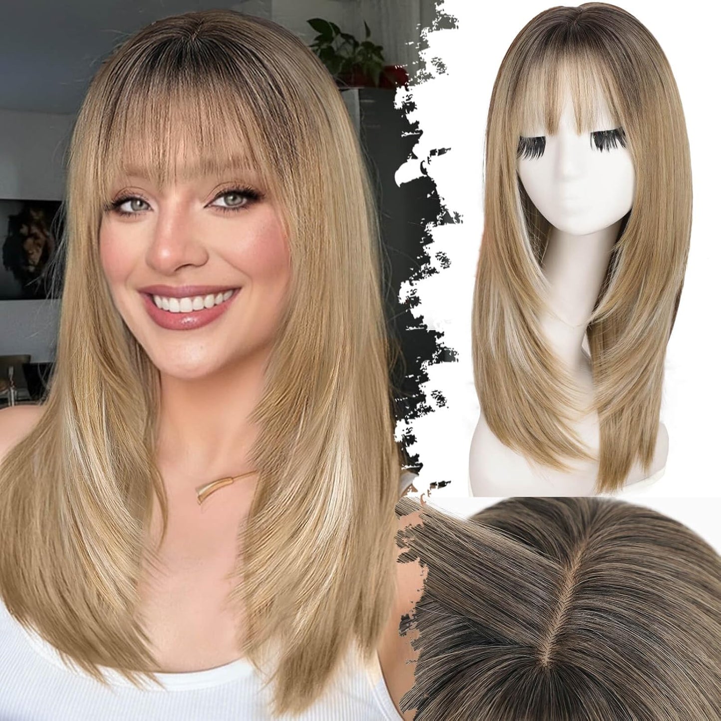 Beginner-Friendly Ash Blonde Wig with Bangs - 4x4 Glueless Synthetic Hair, Medium Length, Face-Framing Layers