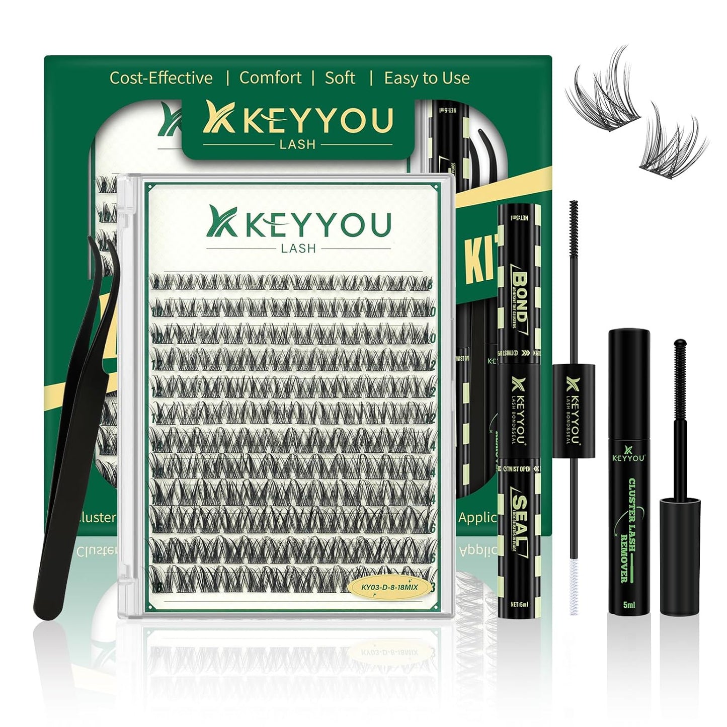 KEYYOU 3D Eyelash Clusters - 280pcs Wispy Volume Lashes | 80D D Curl, 9-18mm Mix