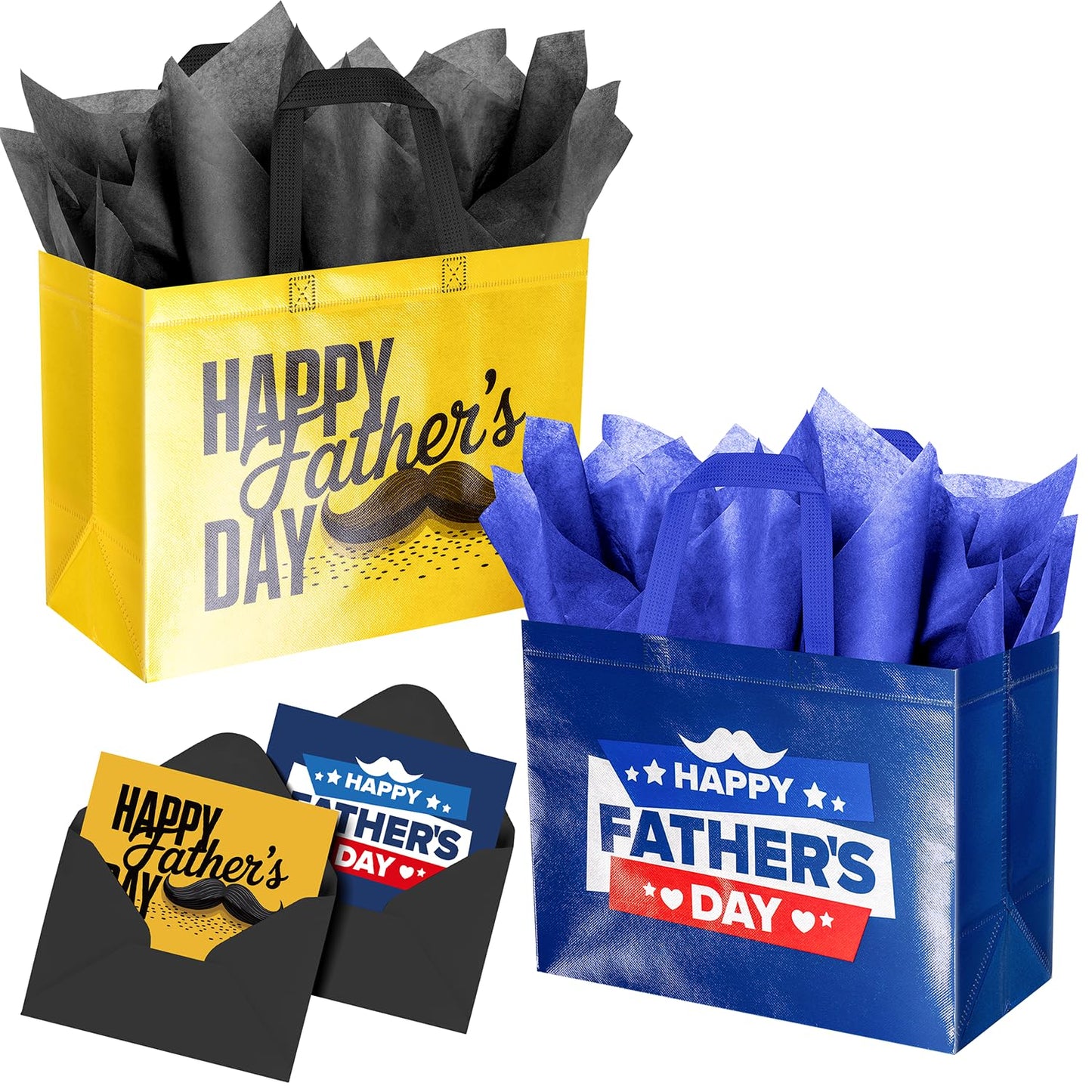 ysmile 2 Pack Fathers Day Gift Bag with Tissue Paper Medium Size, Reusable Non Woven Fathers Gifts Bag with Handle for Dad, Grandpa