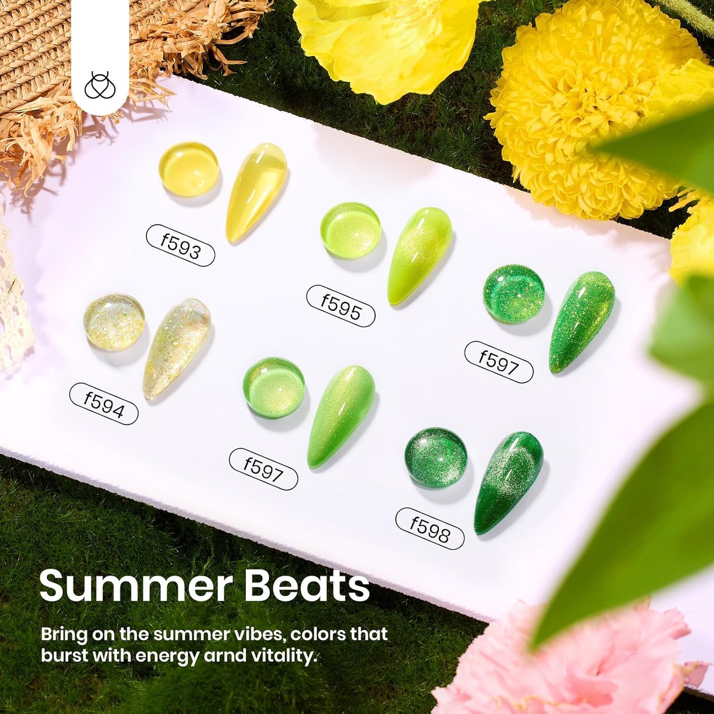 Beetles Green Gel Nail Polish Set - 6 Colors Cat Eye Glitter Gel | Summer Lime Yellow Flash UV LED Starter Kit for DIY Home & Salon Use