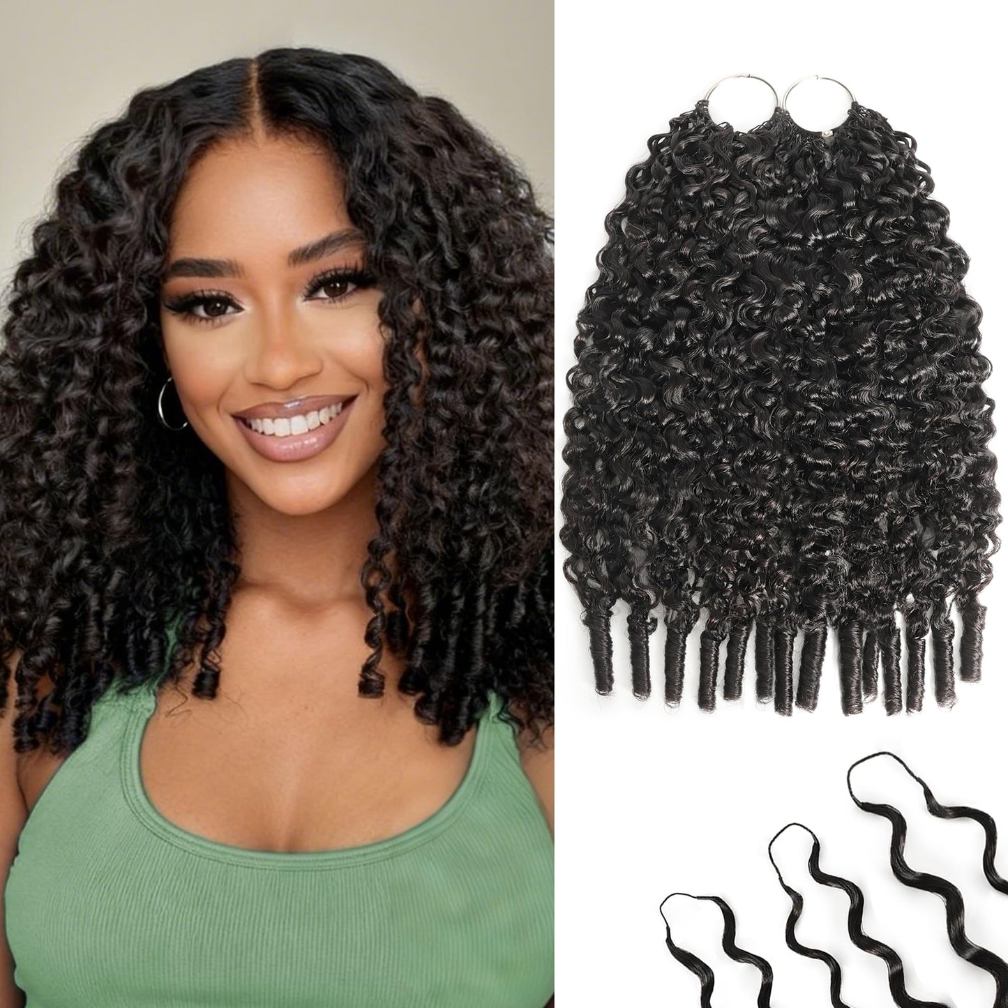 KULYMUWIG Burmese Curly Crochet Human Hair 14 Inch 120g Pre-Separated Feather Human Crochet Hair Bundles Miracle Knots Crochet Hair for Black Women Natural Black