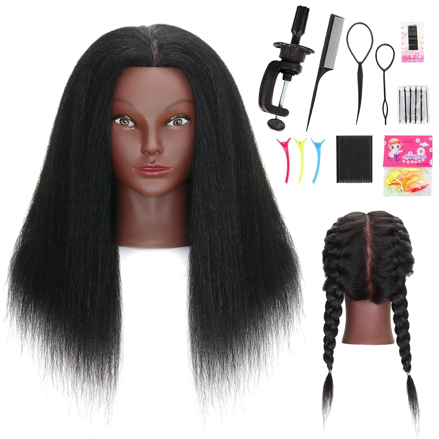 Afro Curly Mannequin Head - 100% Human Hair Cosmetology Doll for Hairdressing Practice | 10'' Brown with Clamp Holder