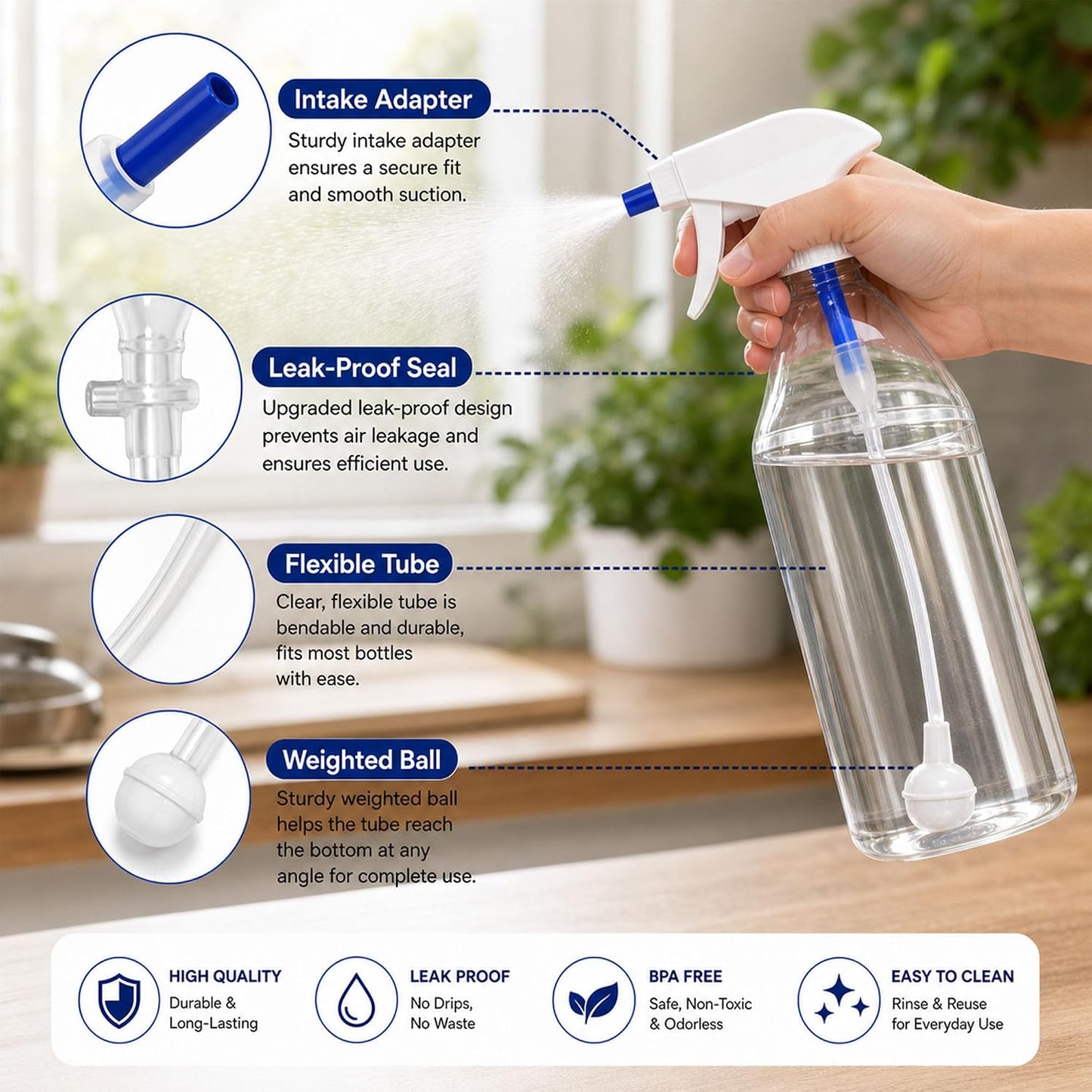 Universal Fit 360° Spray Bottle Adapter - Flexible Weighted Dip Tube for Easy Angle Spraying | Perfect for Cleaning, Garden, Salon & Auto Detailing