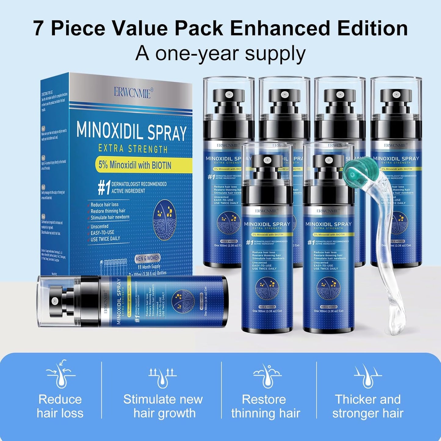 Minoxidil Spray for Hair Growth | 5% Extra Strength Treatment with Biotin - 7 Pack for Men & Women (11 Month Supply)
