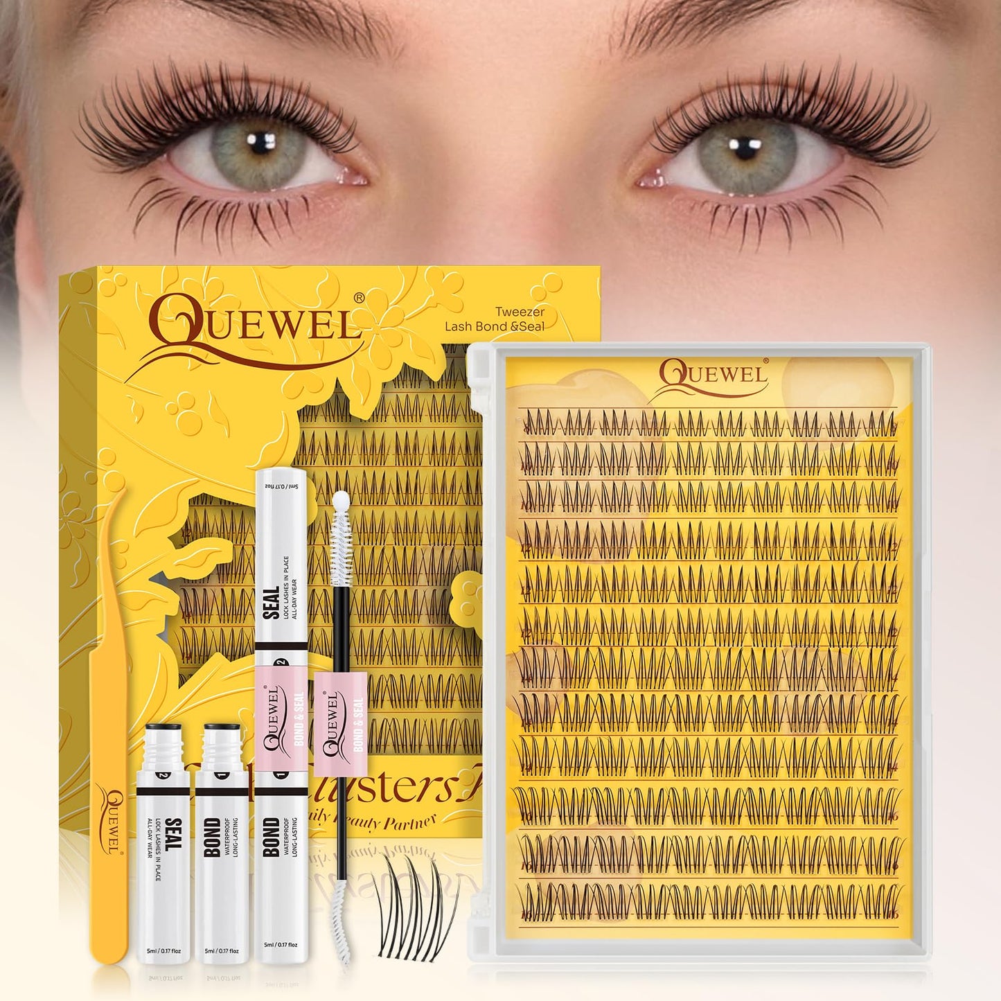 QUEWEL Natural Lash Clusters Kit Soft 120Pcs Aurora Lash clusters Invisible Band Lightweight C Curl 8-16MM Eyelash Extension Kit with Eyelash Clusters Bond and Seal Tweezers for Daily Wear (Aurora)