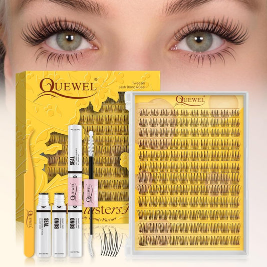 QUEWEL Natural Lash Clusters Kit Soft 120Pcs Aurora Lash clusters Invisible Band Lightweight C Curl 8-16MM Eyelash Extension Kit with Eyelash Clusters Bond and Seal Tweezers for Daily Wear (Aurora)