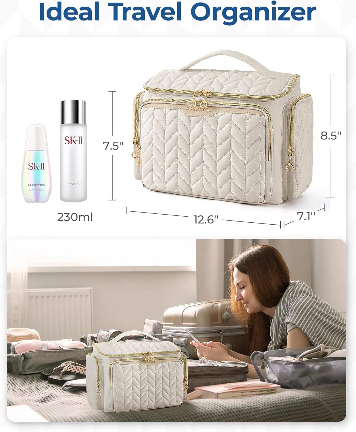 Travel Toiletry Bag - Large Wide-Open Makeup Organizer with Handle | Black
