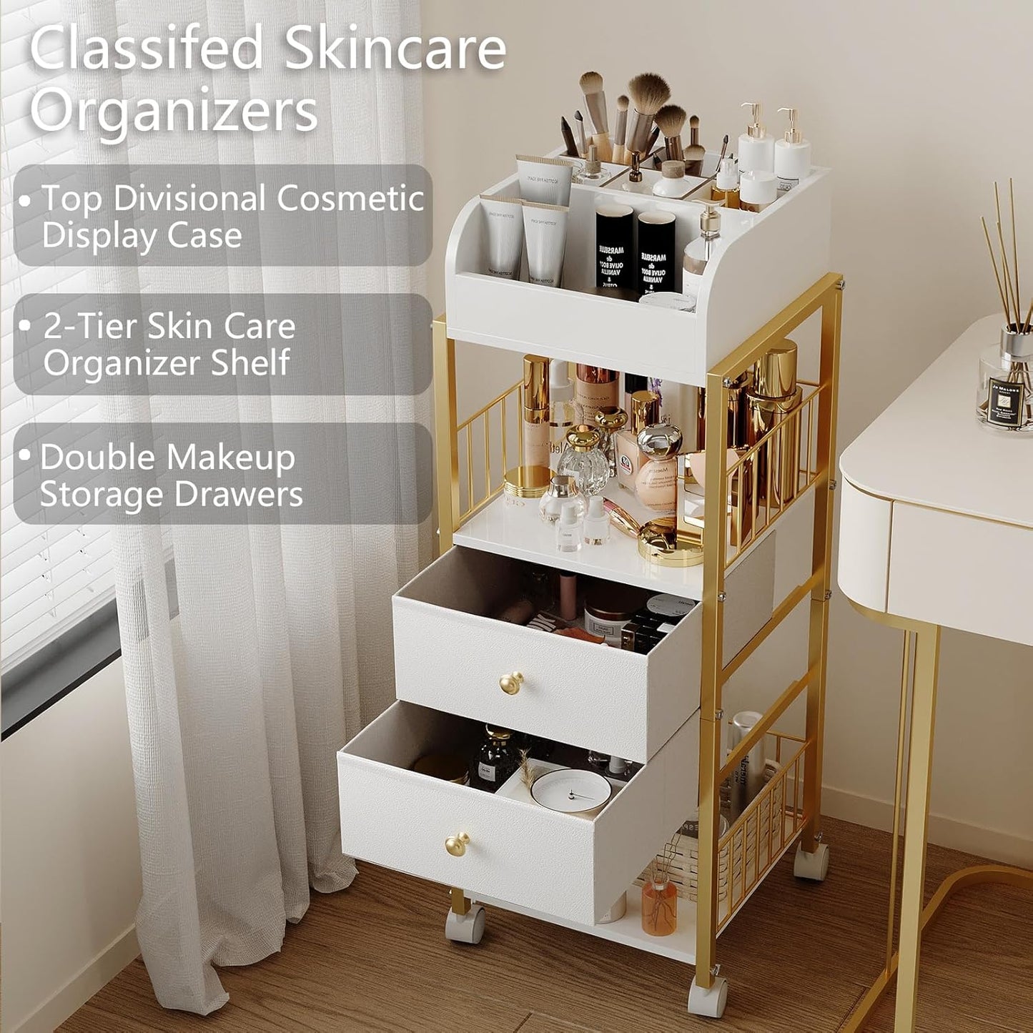 Makeup Organizer Cart - Large Skincare & Makeup Stand with Drawers | Gold Vanity Storage