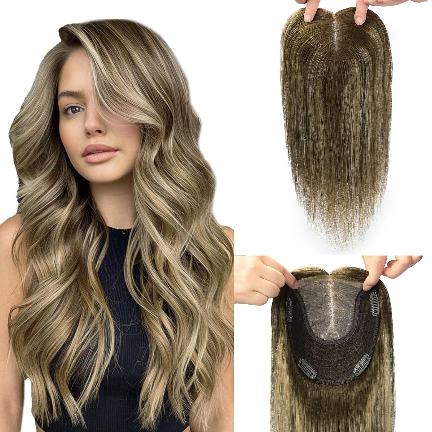 Hair Toppers for Women - Real Human Hair 6x7 Inch Large Base | Balayage Ash Brown to Golden Blonde, 12 Inch Volume Boost
