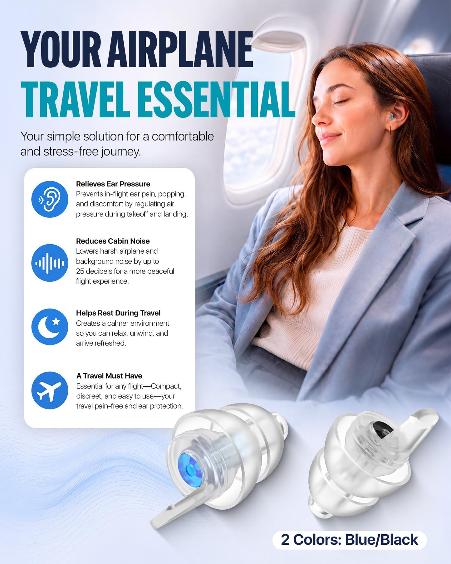 Softvox Airplane Ear Plugs Pressure Relief Earplugs 2 Pairs, Prevent Ear-Pain & Reduce Noise 25dB - Flight Essentials, Reusable Soft Plane Earbuds for Adult/Kids 12+, Travel Ear Protection Air Plugs