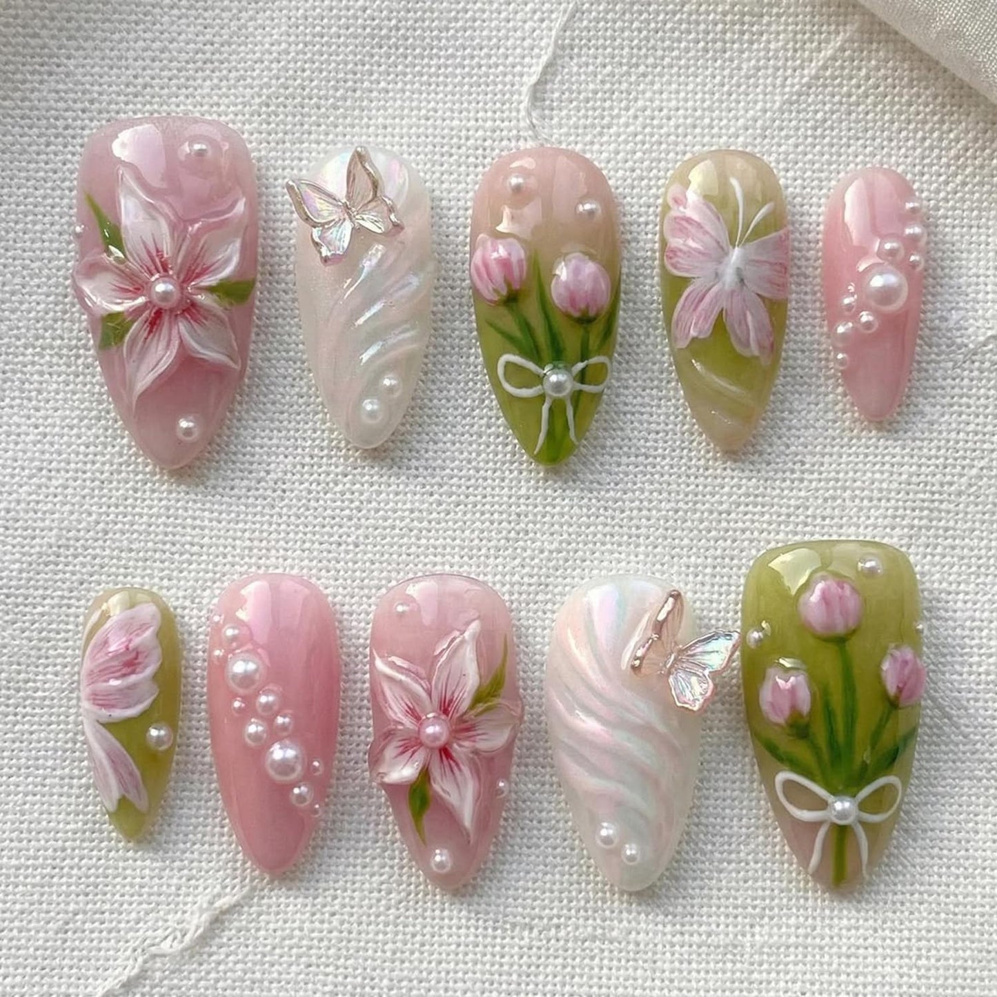 Almond Press On Nails - 30Pcs Medium Fake Nails with 3D Floral Art | Red French Gradient Acrylic for Women