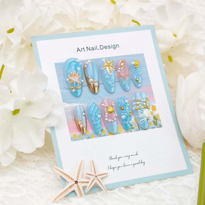 Tropical Almond Press-On Nails - 24Pcs 3D Seashell & Starfish Design | Ocean Blue Full Cover