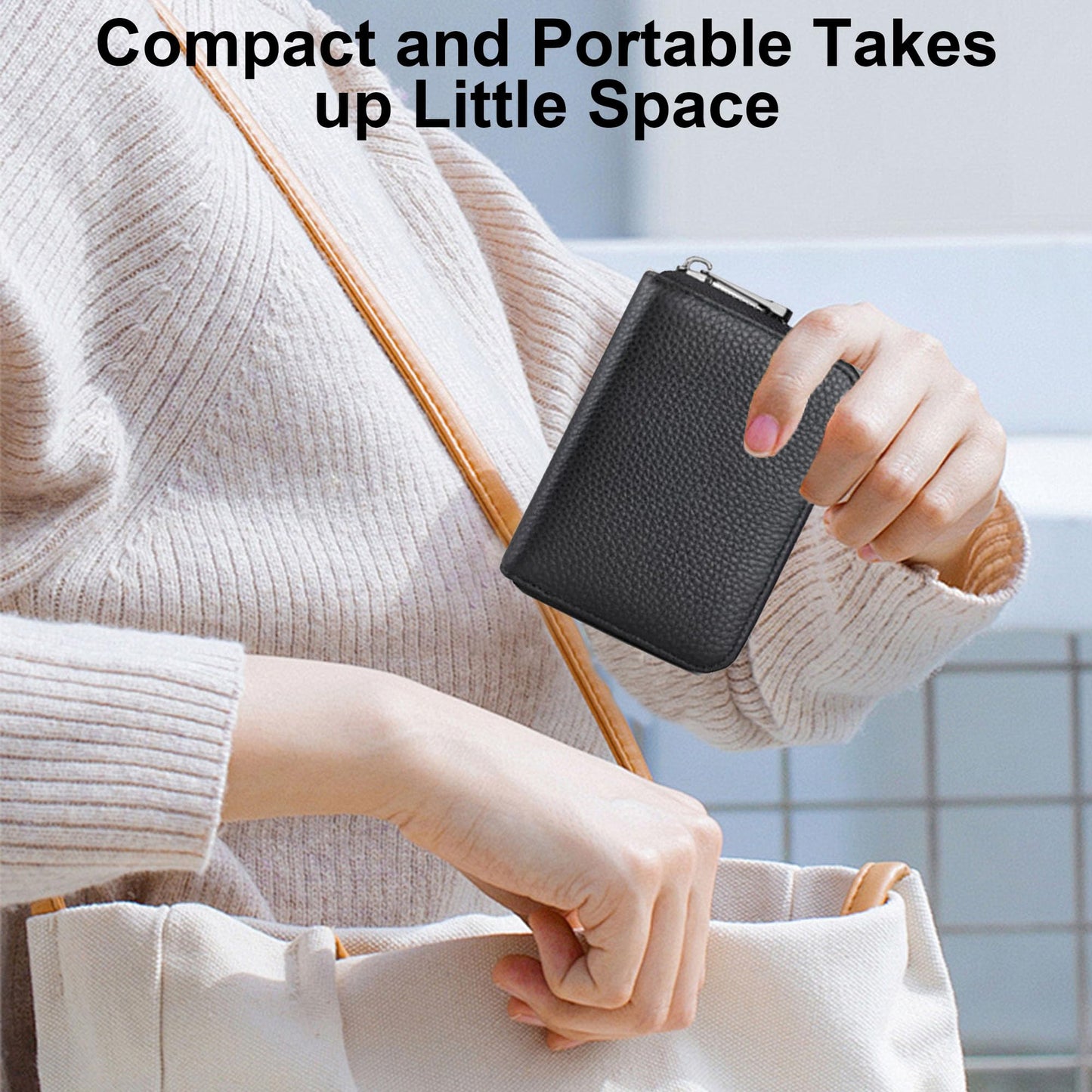 RFID Credit Card Holder Wallet with 9 Card Slots and 2 Cash Compartments, Compact Zipper Wallet for Men and Women, Leather RFID Blocking Card Organizer for Travel and Daily Use Black