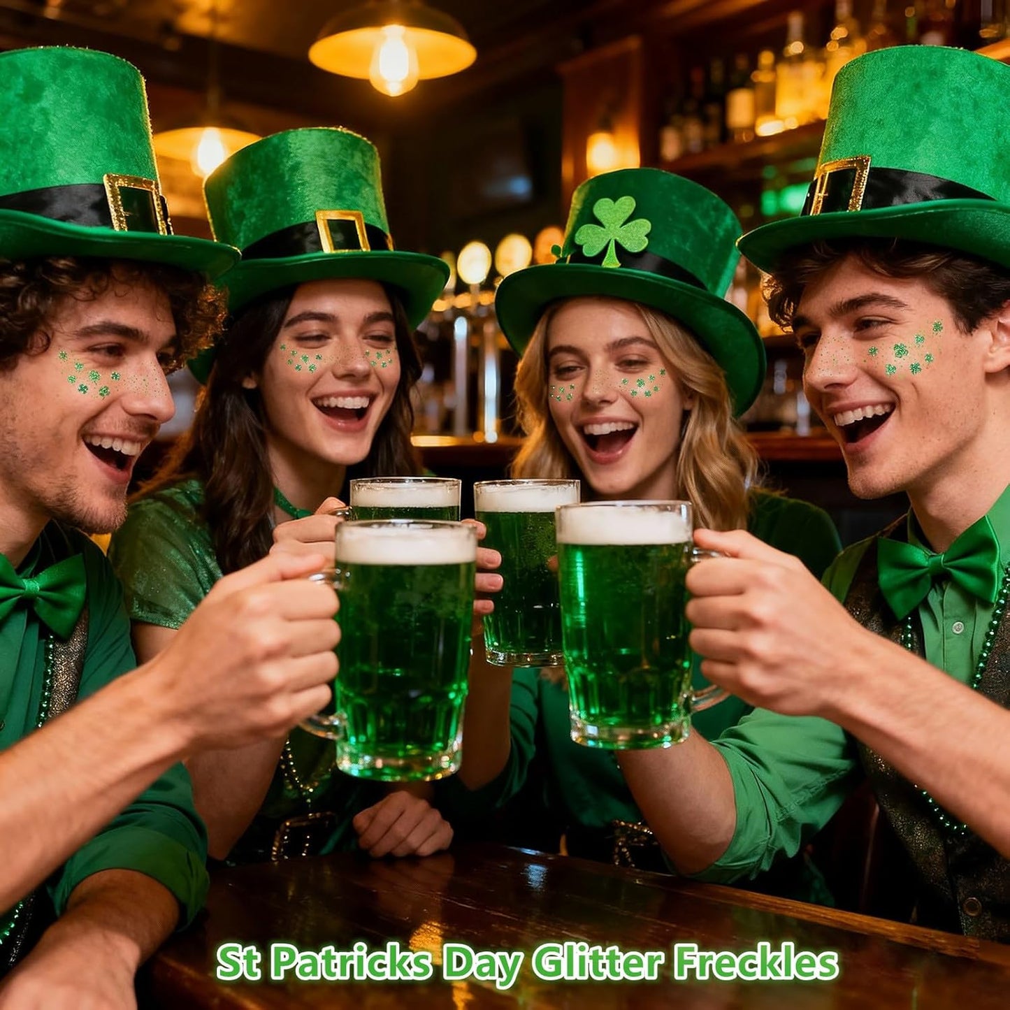 Shamrock Glitter Freckles Face Tattoos - St. Patrick's Day Accessories | 6 PCS Green Sparkle Stickers for Women & Kids