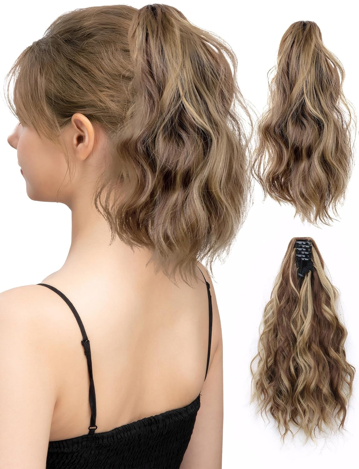Curly Wavy Ponytail Hairpiece - 13-Inch Synthetic Claw Clip Extension | Honey Blonde