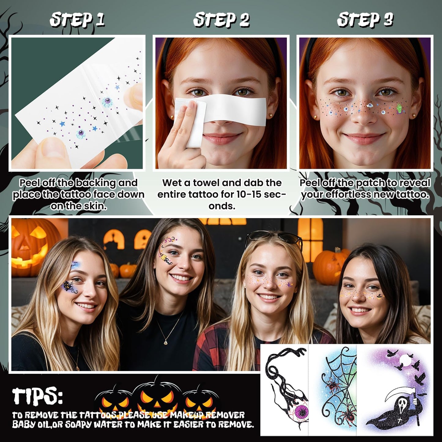 EMOME Halloween Decorations, Halloween Glitter Faux Freckles Face Tattoos with Black Orange Purple Face Gems, Halloween Rave Accessories Face Paint Makeup Kit for Women, Party Supplies