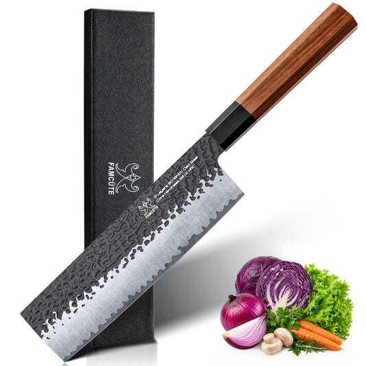 FAMCÜTE 7 Inch Japanese Nakiri Knife, Hand Forged 5 Layers High Carbon 9CR18MOV Steel Rosewood Handle Chef Knife, Efficiency Cutting Professional Japanese Knife, A Thoughtful Father’s Day Gift for Men