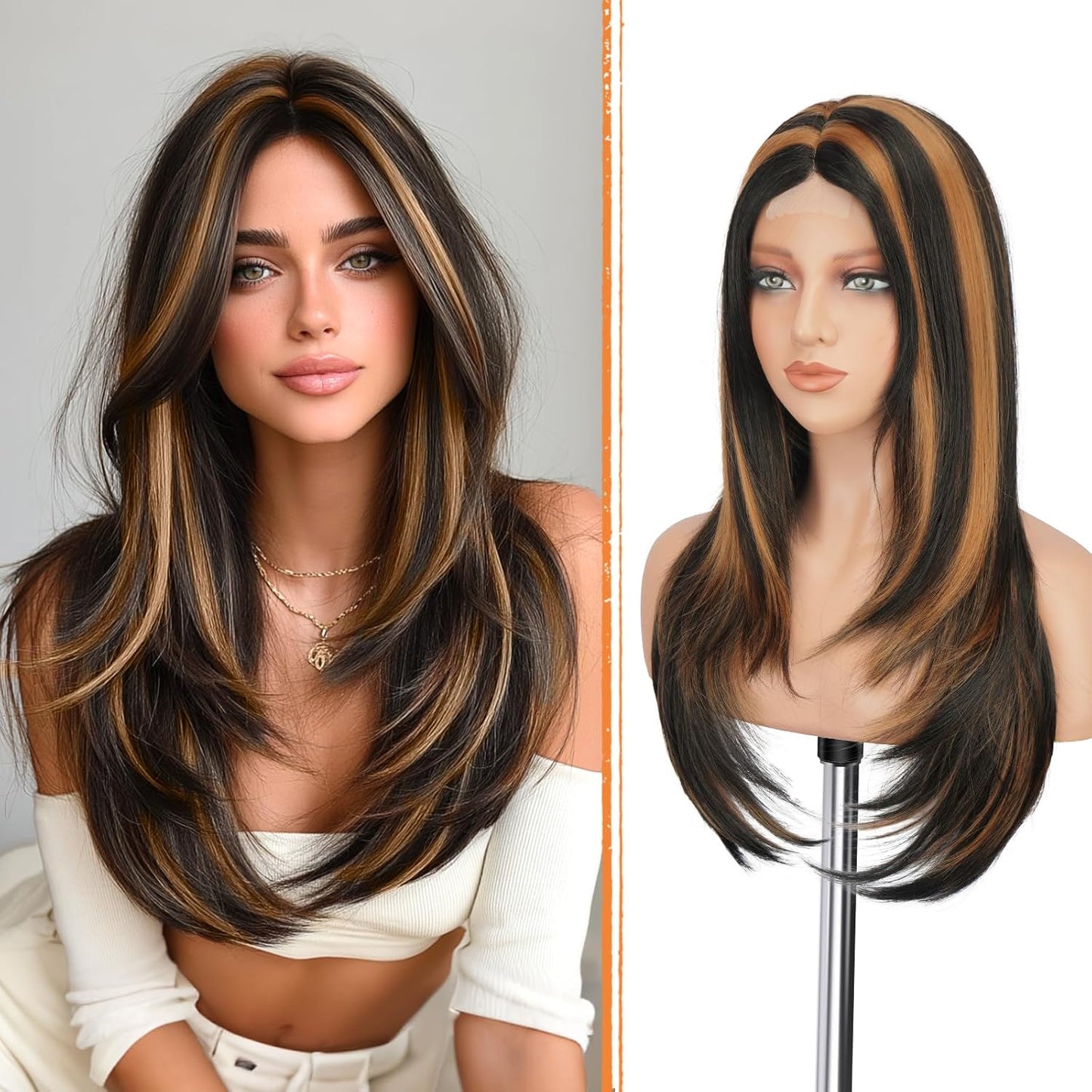 Blonde Wig with Curtain Bangs - Lace Front Synthetic Hair, 24 Inch Dirty Blonde | Natural Looking, Long Layered Style