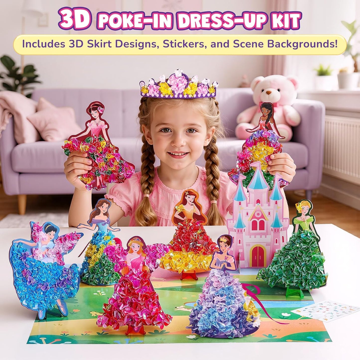 3D Castle Princess Dress Up Craft Kit - DIY Fairy Tale Scene | Mess-Free Arts & Crafts for Girls Age 4-8
