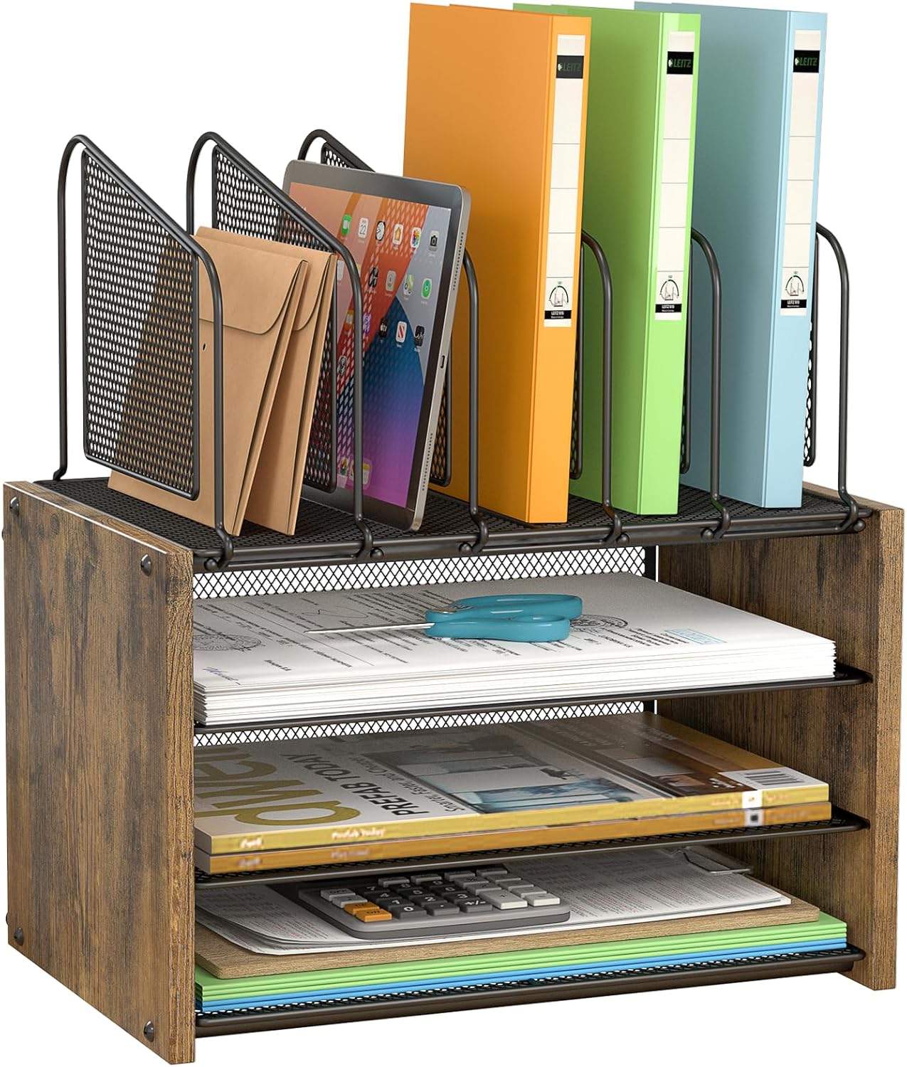 4-Tier Desk Organizer - Wooden Desktop File Holder with 5 Vertical Slots | Office & Home Use