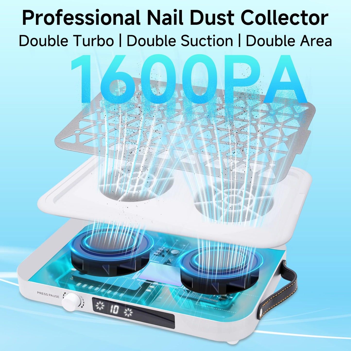 Darella Nail Dust Collector Quiet, 1600PA Professional Nail Vacuum Dust Collector Fan with Dual Turbo Suction, 10-Speed Control, 30 Disposable Filter Papers