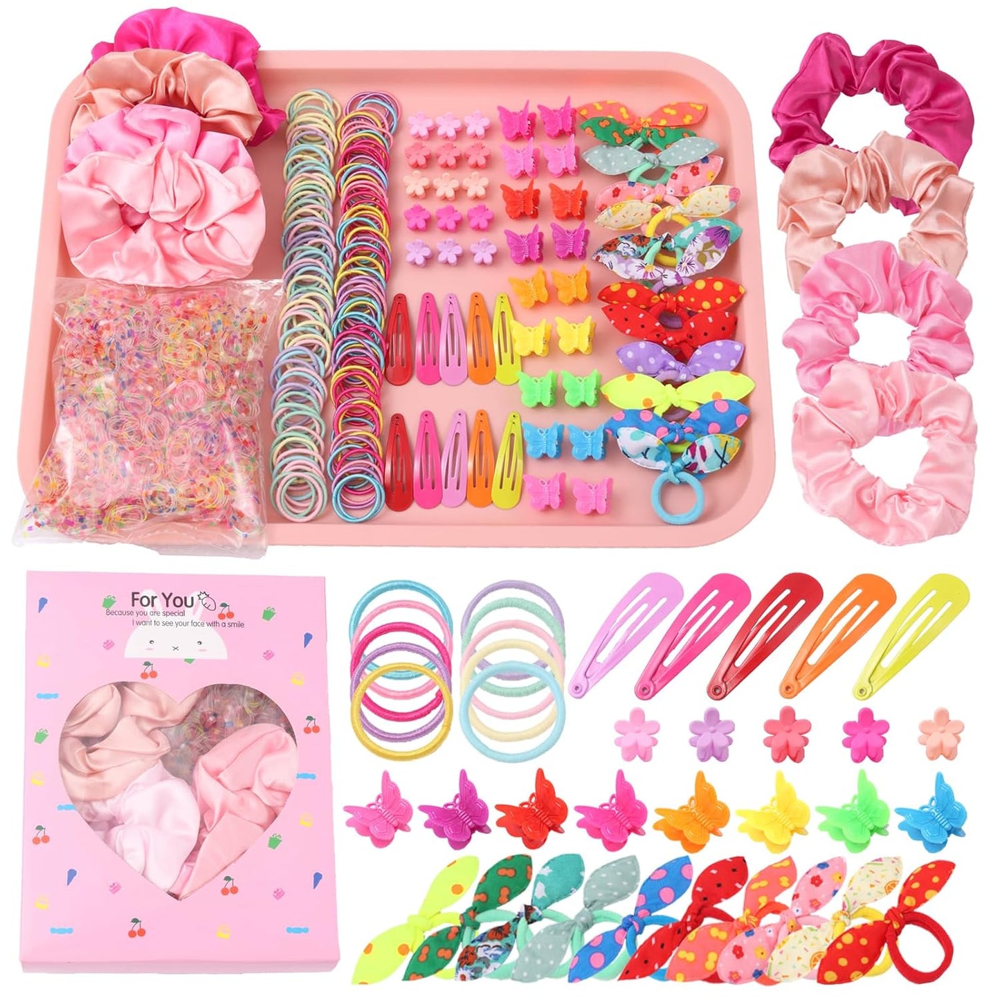 Colorful Elastic Hair Ties Set for Girls - 505PCS Cute Rabbit Ear, Mini Flower Clips & Satin Silk Scrunchies | Gift Box Included