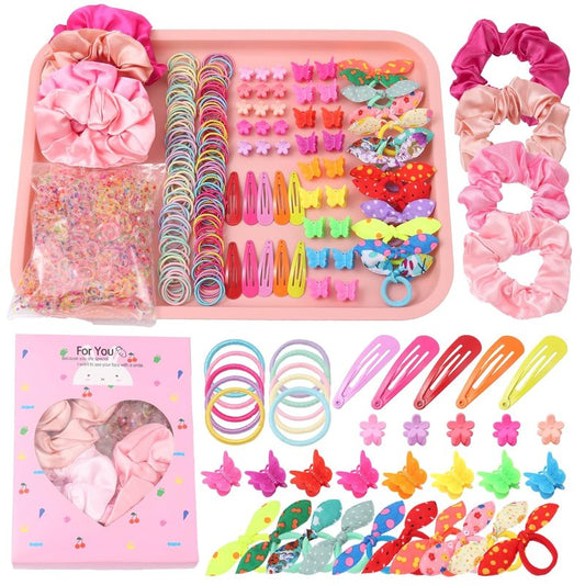 Colorful Elastic Hair Ties Set for Girls - 505PCS Cute Rabbit Ear, Mini Flower Clips & Satin Silk Scrunchies | Gift Box Included