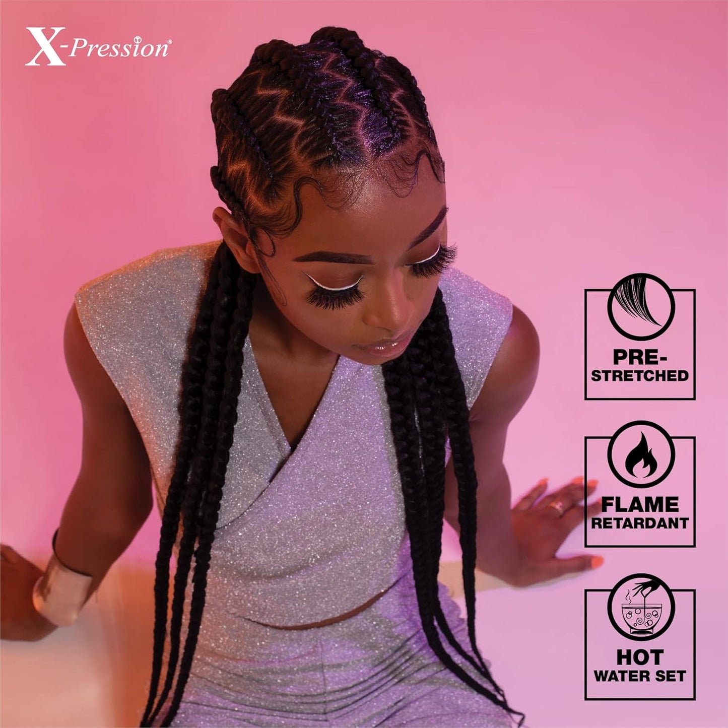 X-Pression Pre-Stretched Braiding Hair - 58 Inch Kanekalon Synthetic Braid for Box Braids & Twists | 1B Off Black
