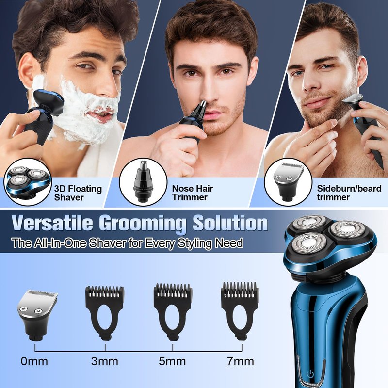 Electric Razor for Men, 3-in-1 Shaver with Floating Blades for Nose Hair &Sideburns,Replacement Blades, Pop-up Trimmer, IPX7 Waterproof, Travel Lock, Wet & Dry Use, Face Shaving Grooming Travel Kit
